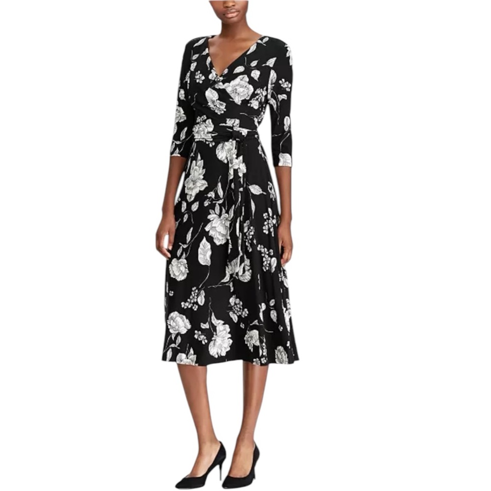 Lauren Ralph Lauren Floral-Print Midi Surplice Dress Black and White Sz: 4 NWT - Picture 8 of 15